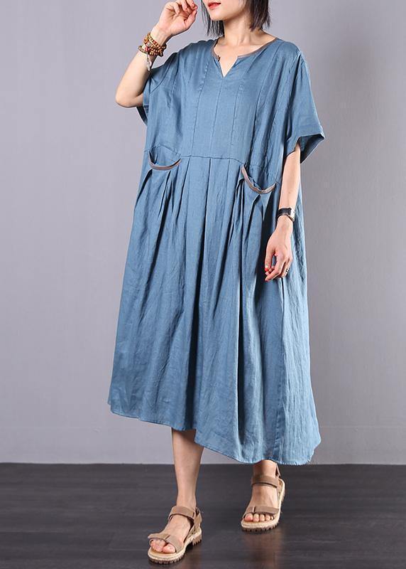 French blue linen clothes For Women big hem A Line summer Dress - Image 4