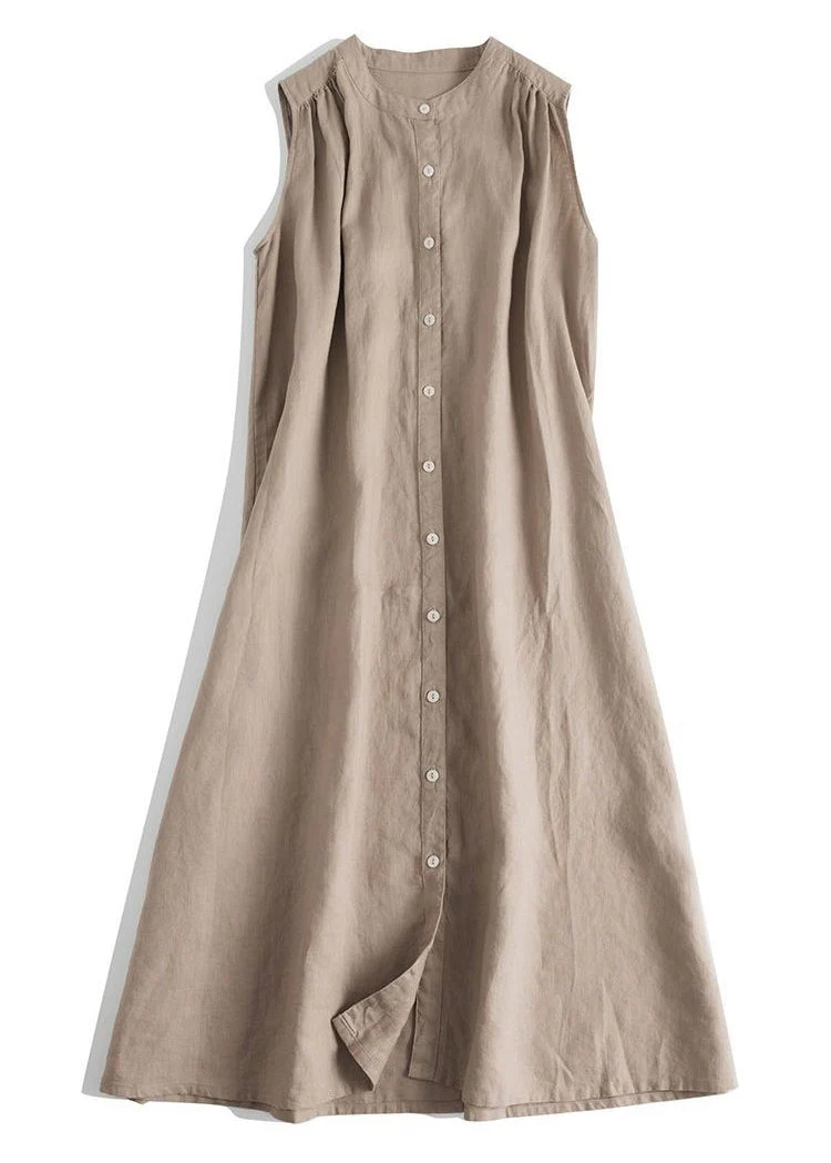 French Blue O Neck Button Linen Dresses Sleeveless - Image 2