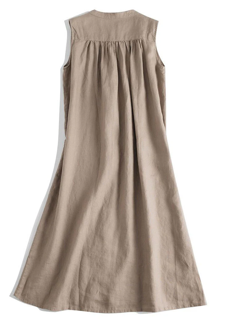 French Blue O Neck Button Linen Dresses Sleeveless - Image 3