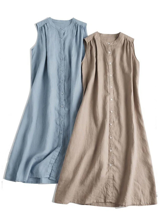 French Blue O Neck Button Linen Dresses Sleeveless - Image 4