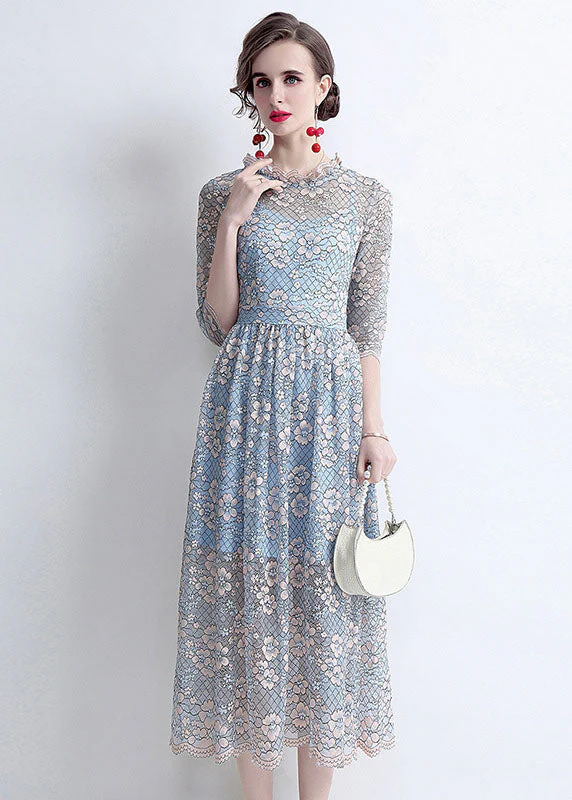 French Blue O-Neck Hollow Out Lace Cinch Dresses Half Sleeve - Image 2