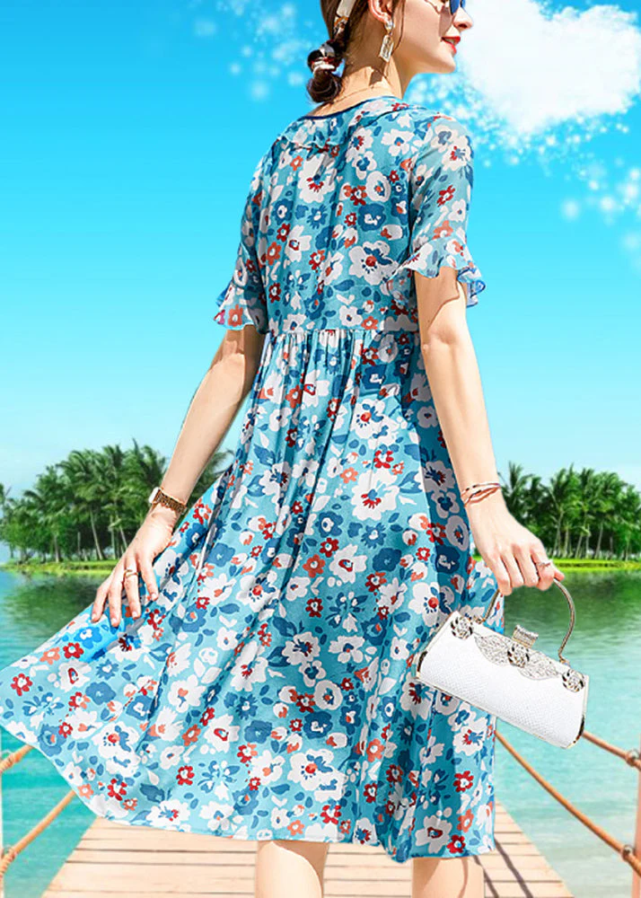 French Blue O-Neck Lace Up Print Silk Beach Dress Short Sleeve - Image 3