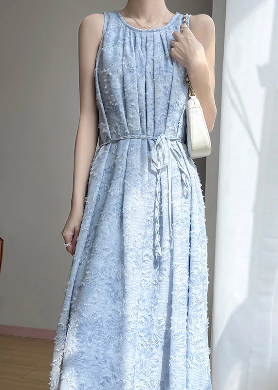 French Blue O Neck Original Design Cotton Long Dress Sleeveless - Image 3
