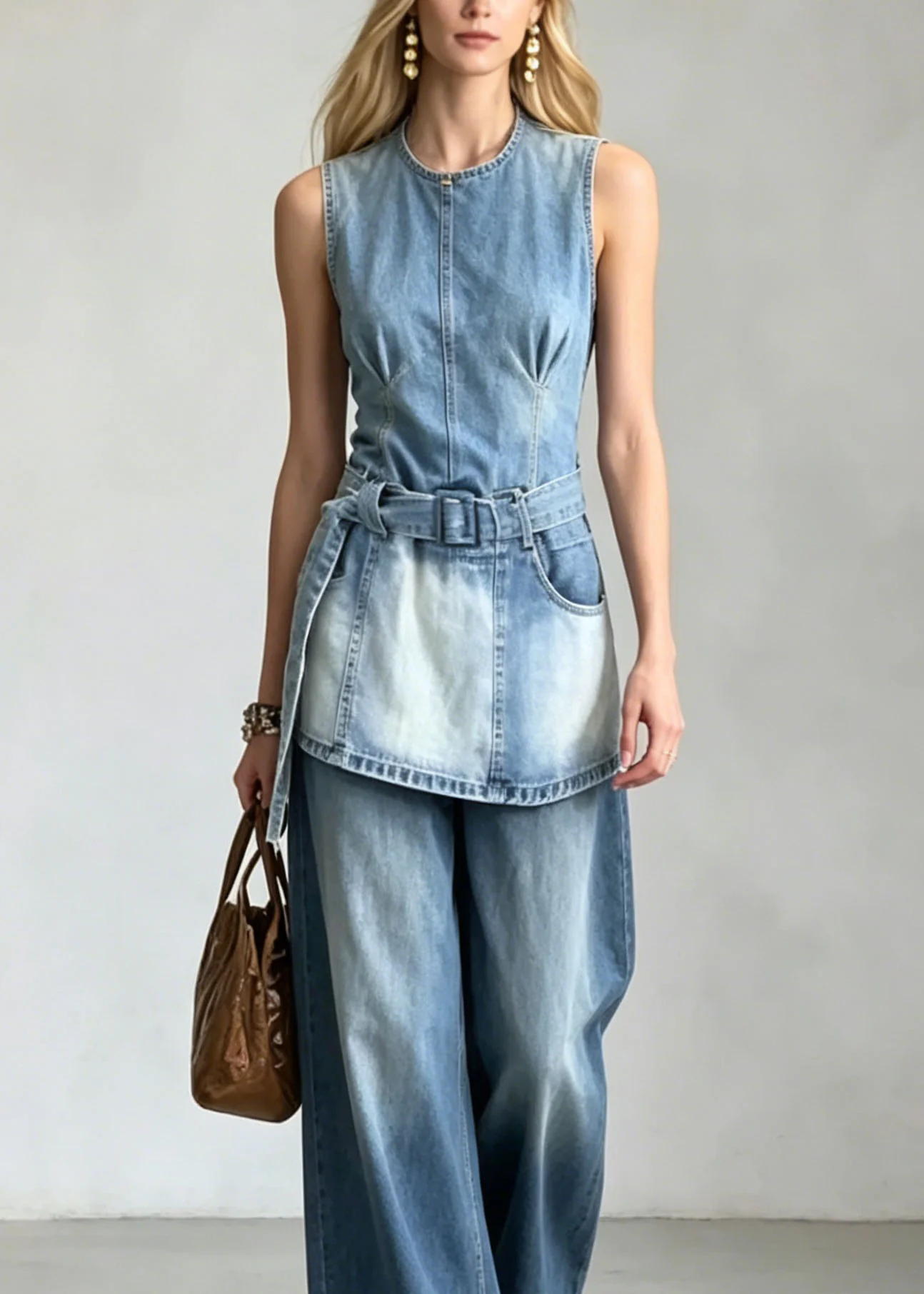 French Blue O-Neck Pockets Denim Sets 2 Pieces Sleeveless - Image 3