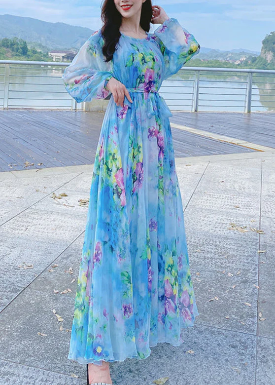 French Blue O-Neck Print Chiffon Long Holiday Dress Spring - Image 2