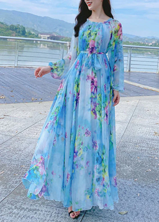 French Blue O-Neck Print Chiffon Long Holiday Dress Spring - Image 3