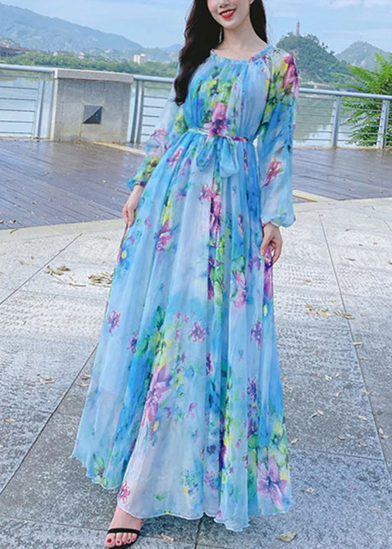 French Blue O-Neck Print Chiffon Long Holiday Dress Spring - Image 4