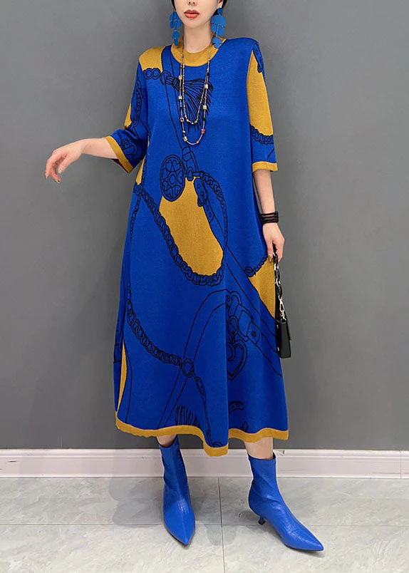 French Blue O Neck Print Long Knit Dress Half Sleeve - Image 2