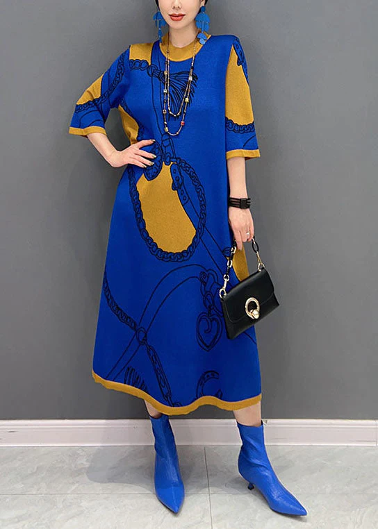 French Blue O Neck Print Long Knit Dress Half Sleeve - Image 3