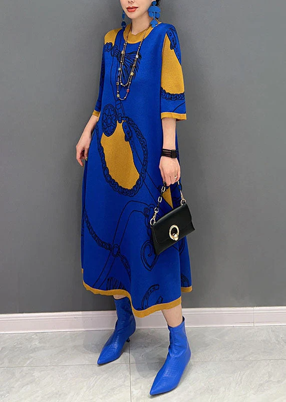 French Blue O Neck Print Long Knit Dress Half Sleeve - Image 4
