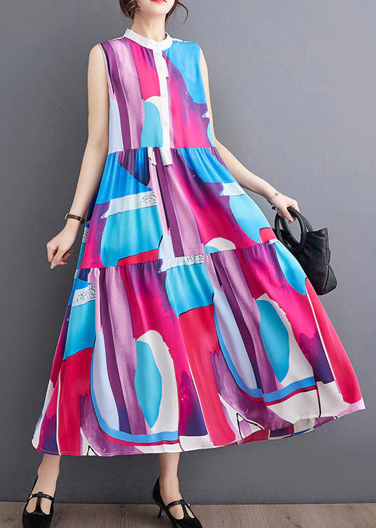 French Blue O-Neck Print Patchwork Wrinkled Chiffon Maxi Dresses Summer - Image 2
