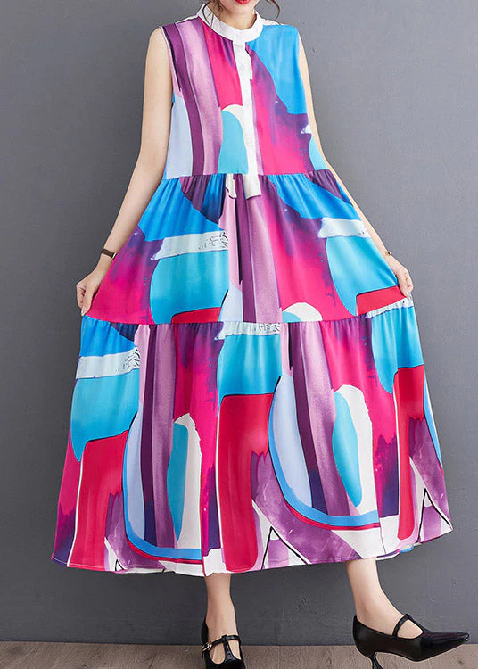 French Blue O-Neck Print Patchwork Wrinkled Chiffon Maxi Dresses Summer - Image 3