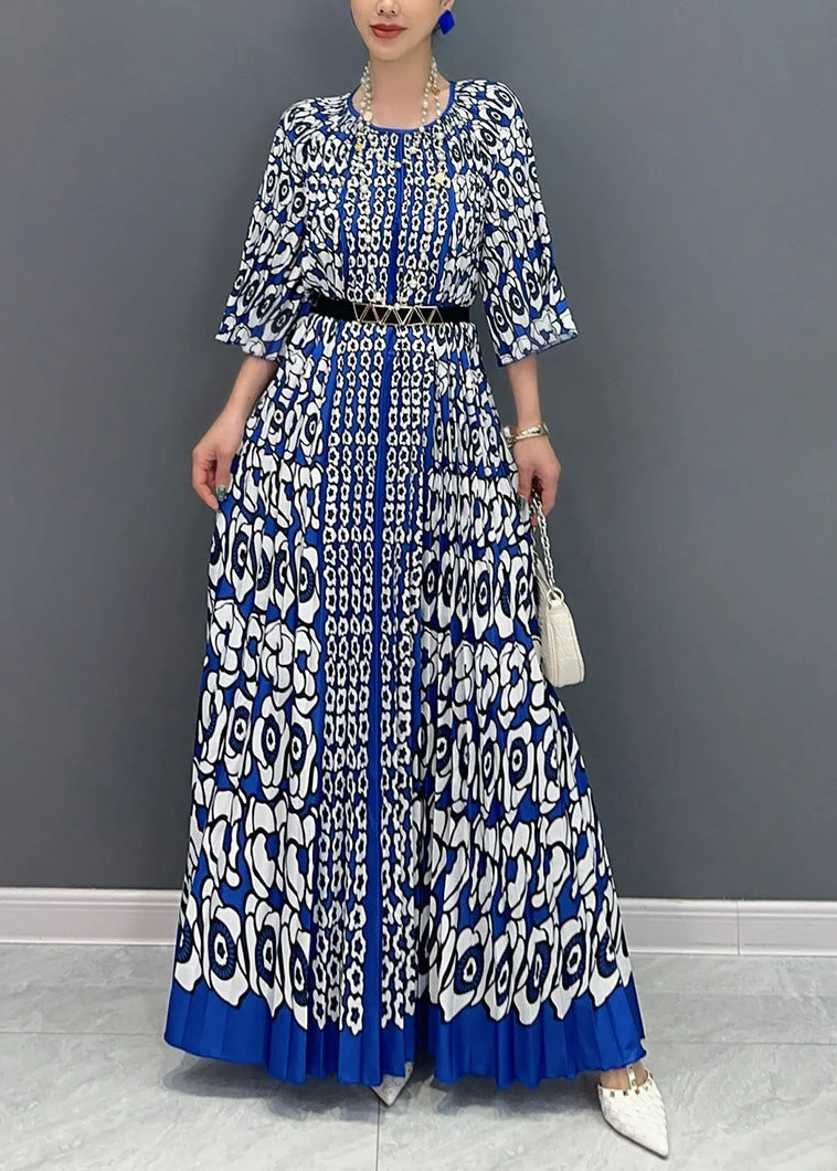 French Blue O Neck Print Wrinkled Long Dress Bracelet Sleeve - Image 2