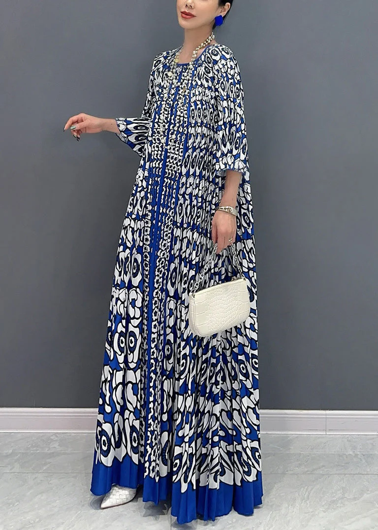 French Blue O Neck Print Wrinkled Long Dress Bracelet Sleeve - Image 3