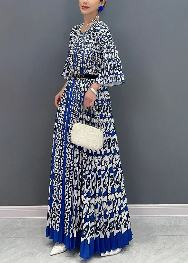French Blue O Neck Print Wrinkled Long Dress Bracelet Sleeve - Image 4