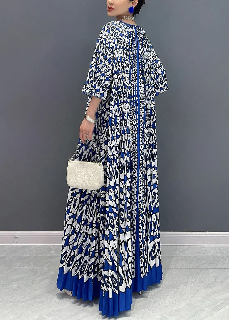 French Blue O Neck Print Wrinkled Long Dress Bracelet Sleeve - Image 5