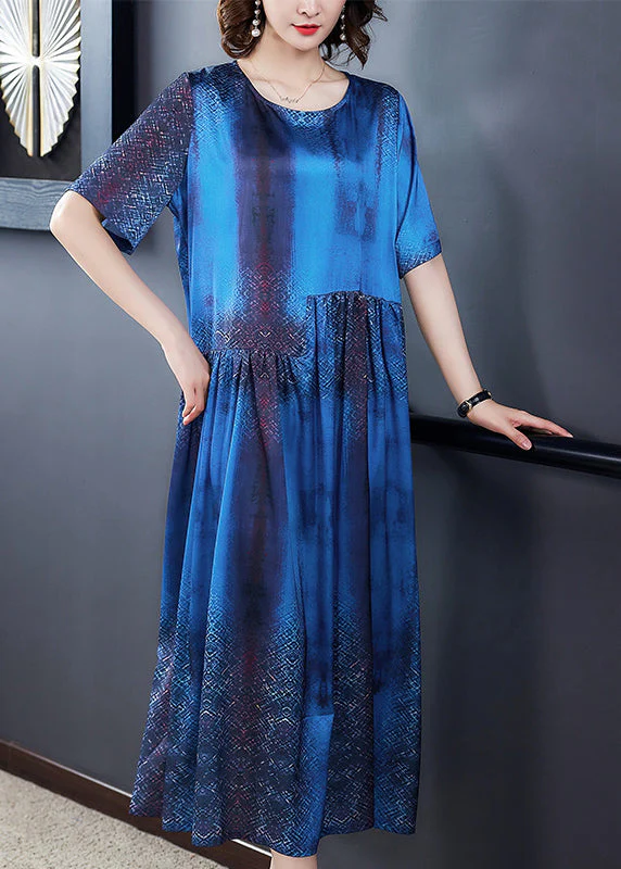 French Blue O-Neck Wrinkled Silk Holiday Dress Short Sleeve - Image 2