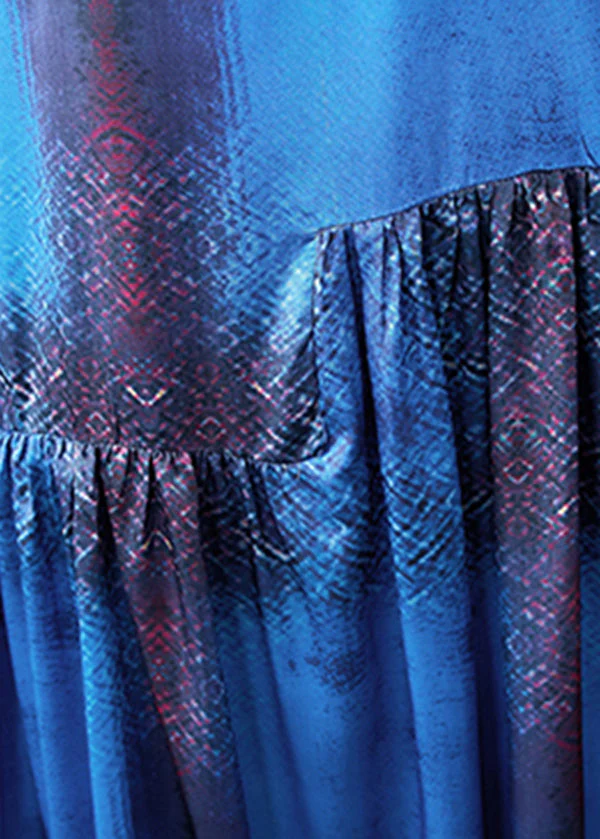 French Blue O-Neck Wrinkled Silk Holiday Dress Short Sleeve - Image 5