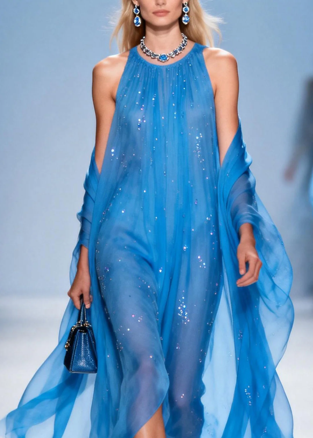 French Blue O Neck Zircon Patchwork Chiffon Dress Summer - Image 2