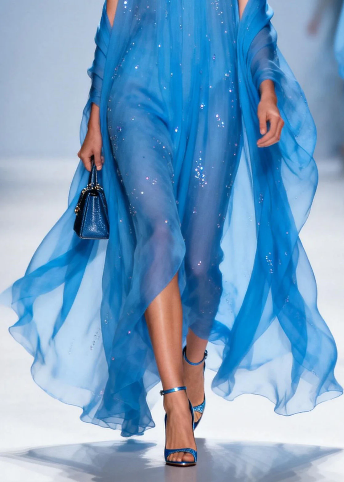 French Blue O Neck Zircon Patchwork Chiffon Dress Summer - Image 4