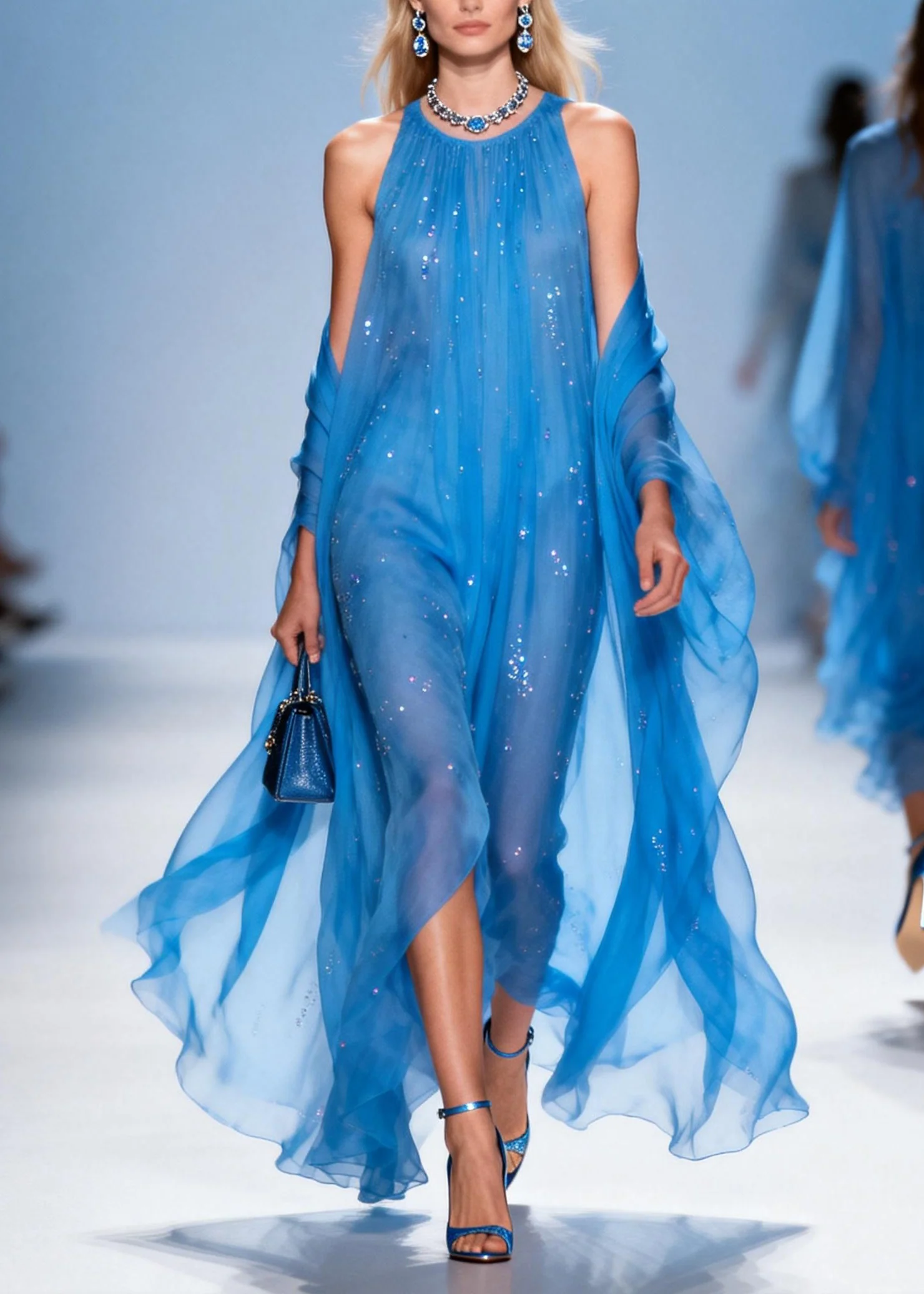French Blue O Neck Zircon Patchwork Chiffon Dress Summer - Image 5
