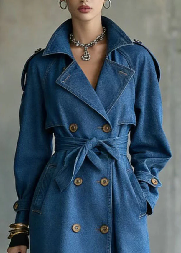 French Blue Oversized Double Breast Denim Trench Coats Spring - Image 2