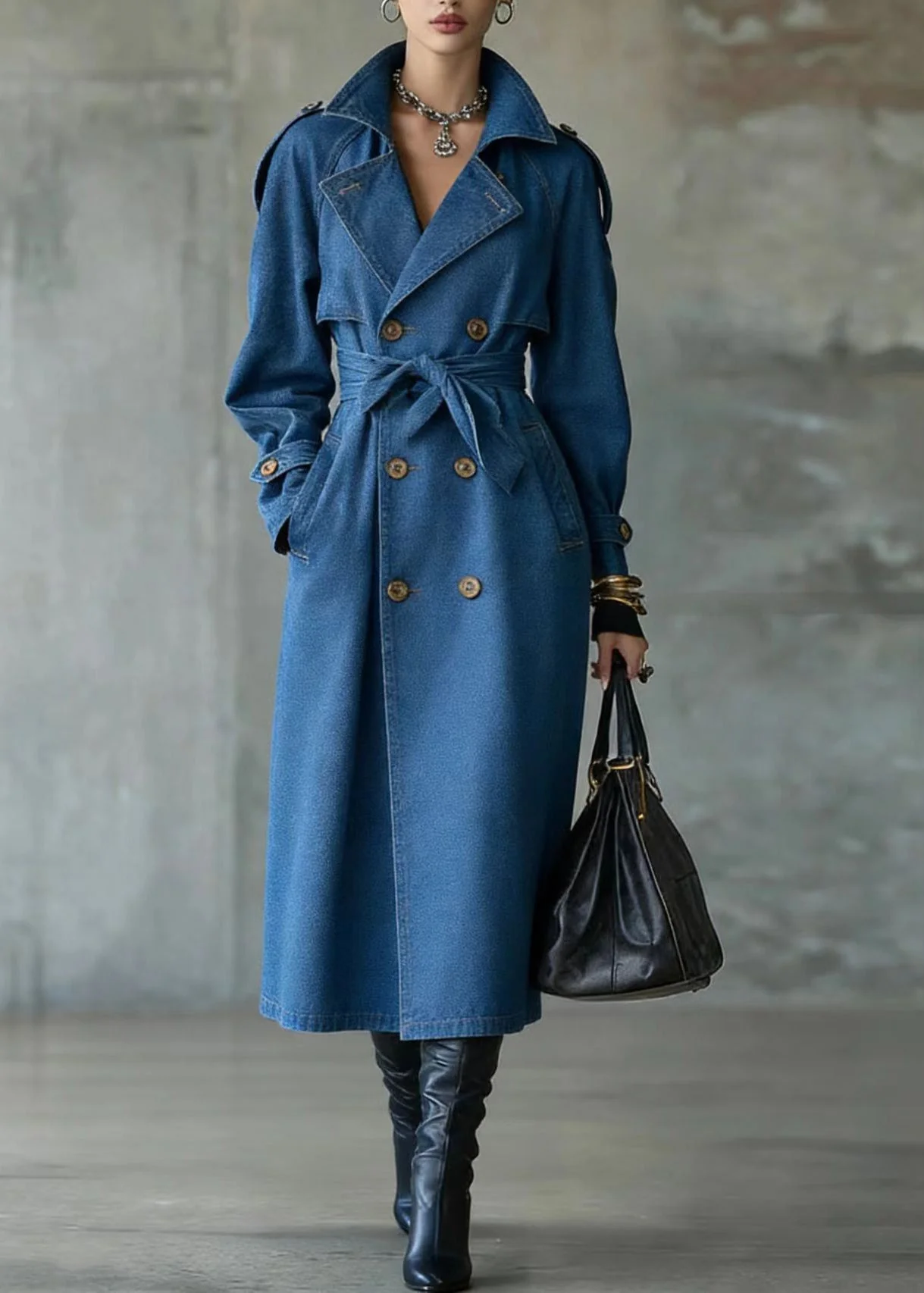 French Blue Oversized Double Breast Denim Trench Coats Spring - Image 3