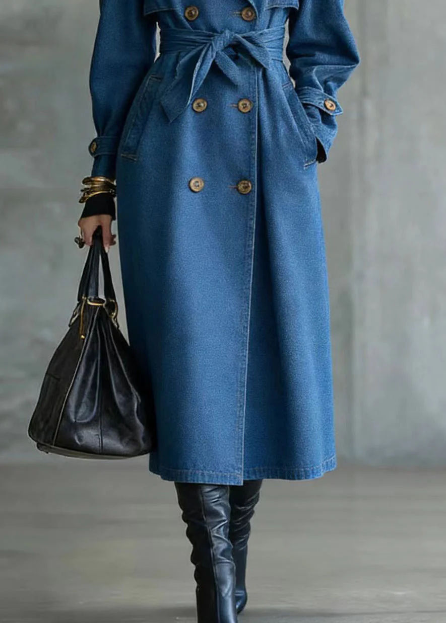 French Blue Oversized Double Breast Denim Trench Coats Spring - Image 4
