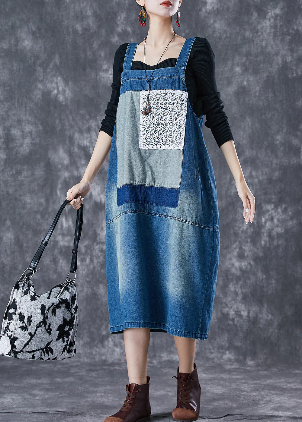 French Blue Oversized Lace Patchwork Denim Strap Dresses Summer - Image 2