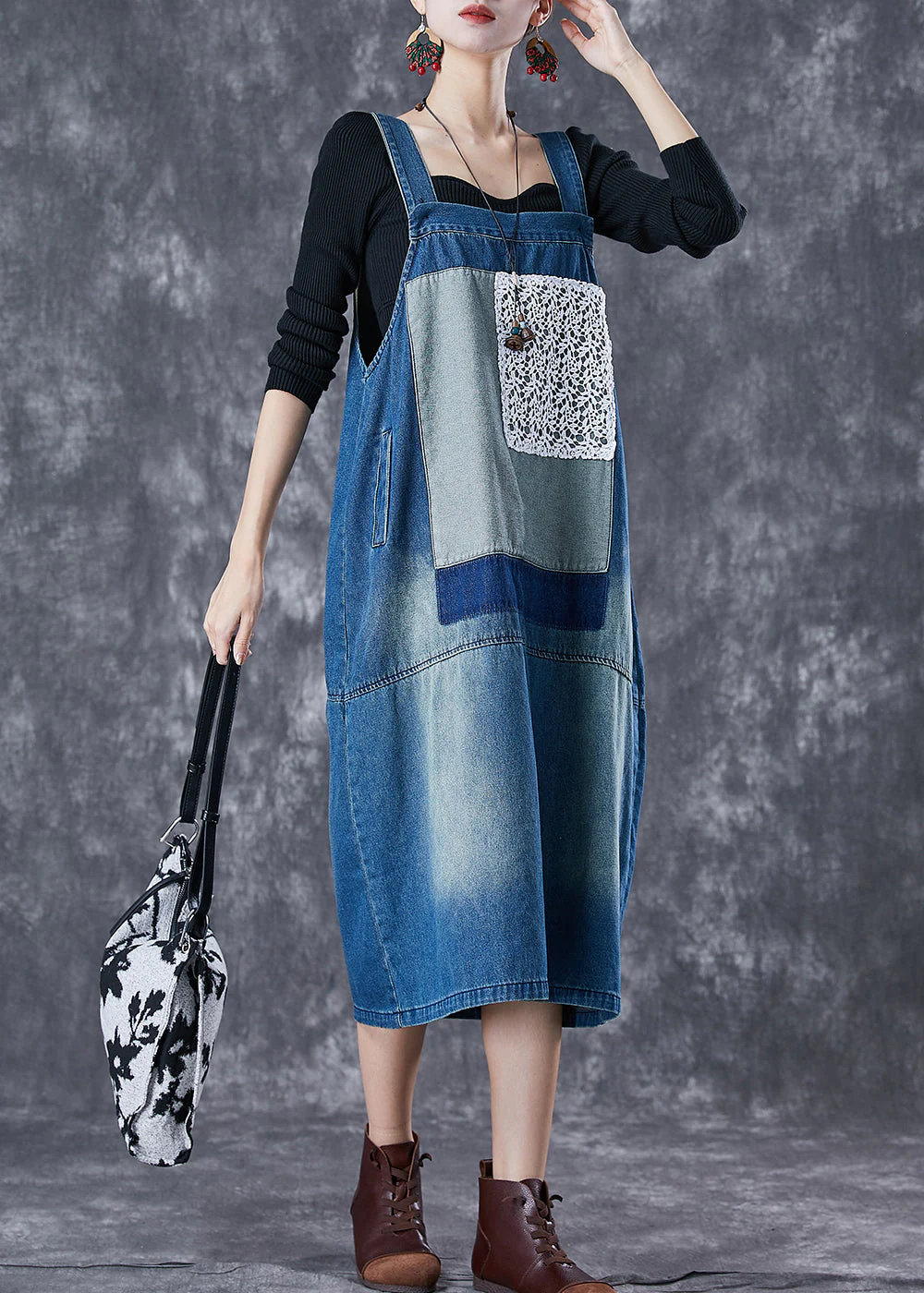French Blue Oversized Lace Patchwork Denim Strap Dresses Summer - Image 3