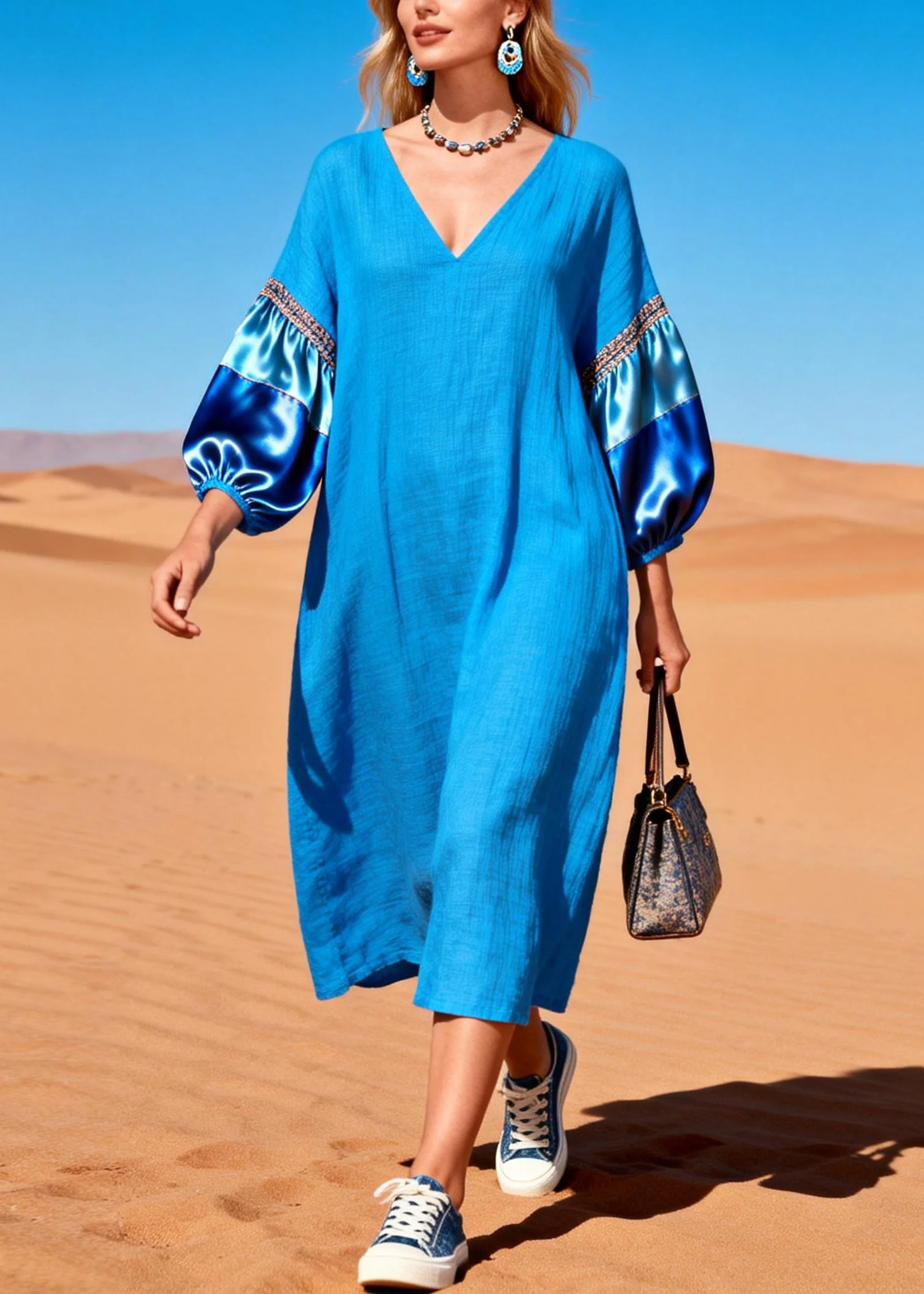 French Blue Oversized Patchwork Cotton Dresses Lantern Sleeve - Image 5