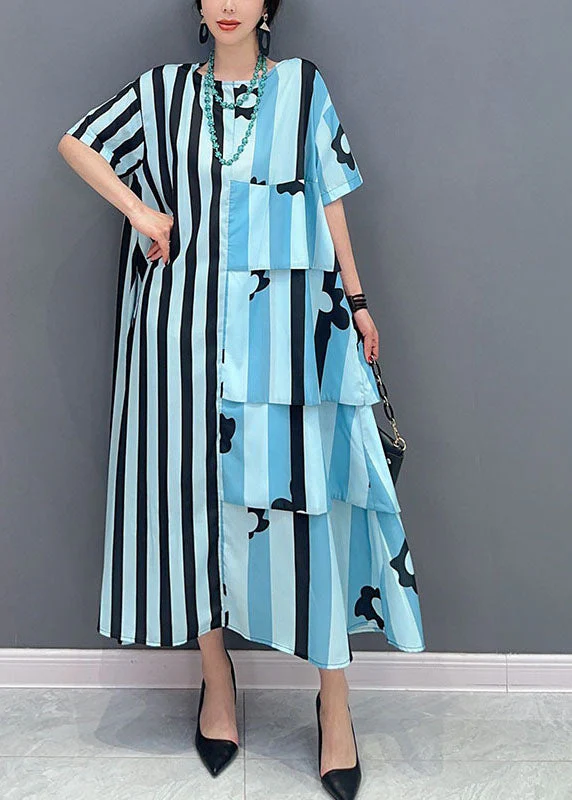 French Blue Oversized Patchwork Striped Cotton Dresses Short Sleeve - Image 2