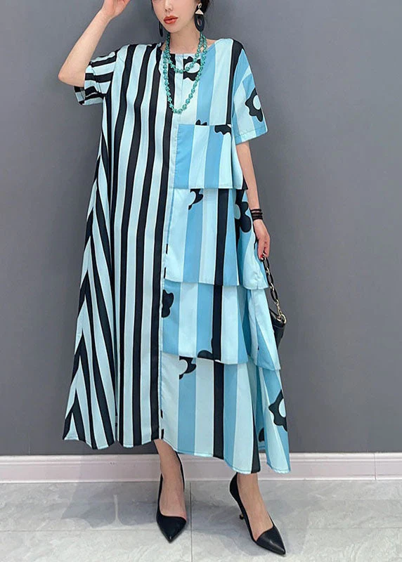 French Blue Oversized Patchwork Striped Cotton Dresses Short Sleeve - Image 3