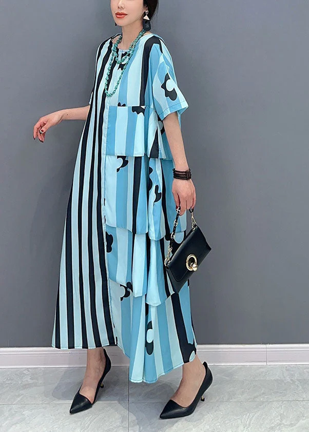 French Blue Oversized Patchwork Striped Cotton Dresses Short Sleeve - Image 4