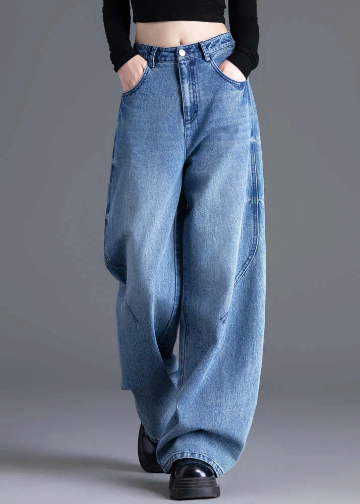 French Blue Oversized Pockets Denim Straight Pants Spring - Image 2