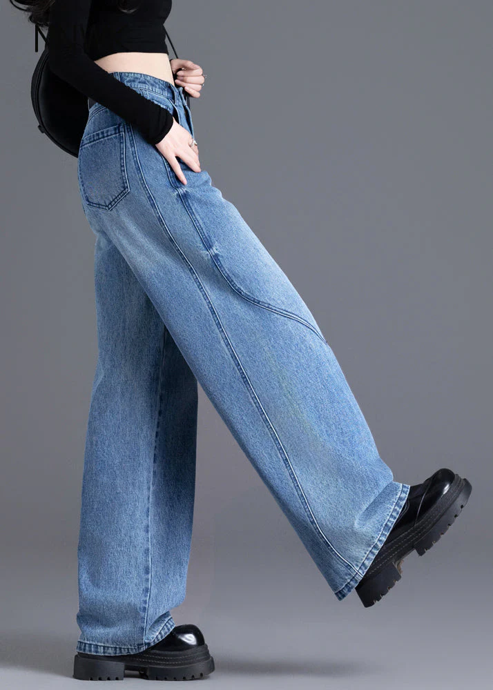 French Blue Oversized Pockets Denim Straight Pants Spring - Image 3