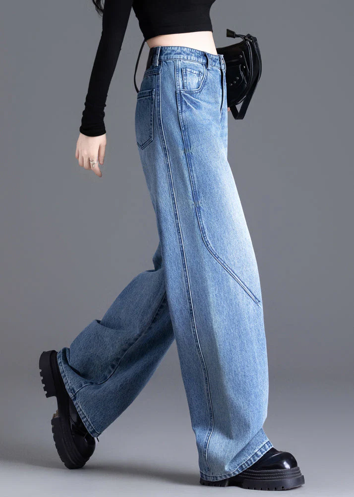 French Blue Oversized Pockets Denim Straight Pants Spring - Image 4
