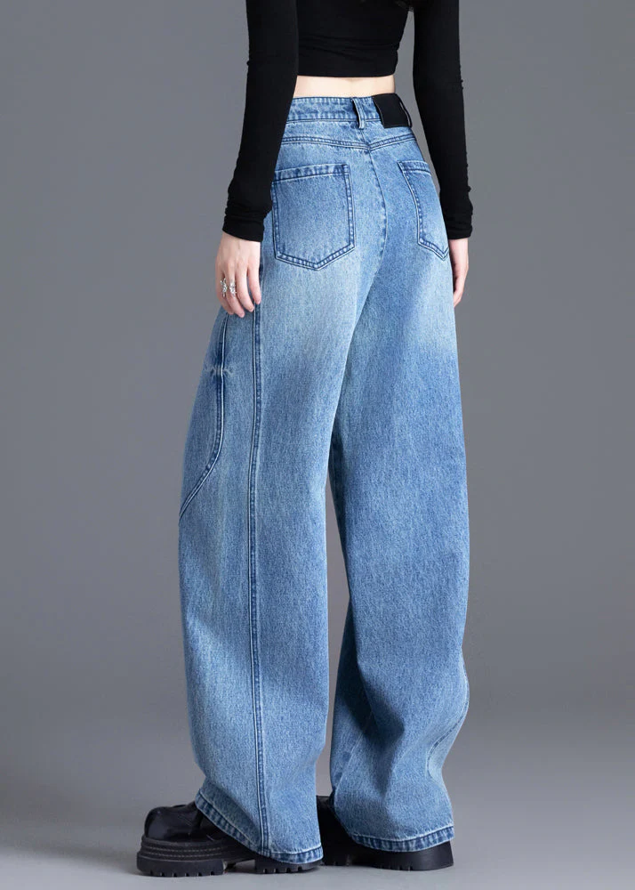 French Blue Oversized Pockets Denim Straight Pants Spring - Image 5