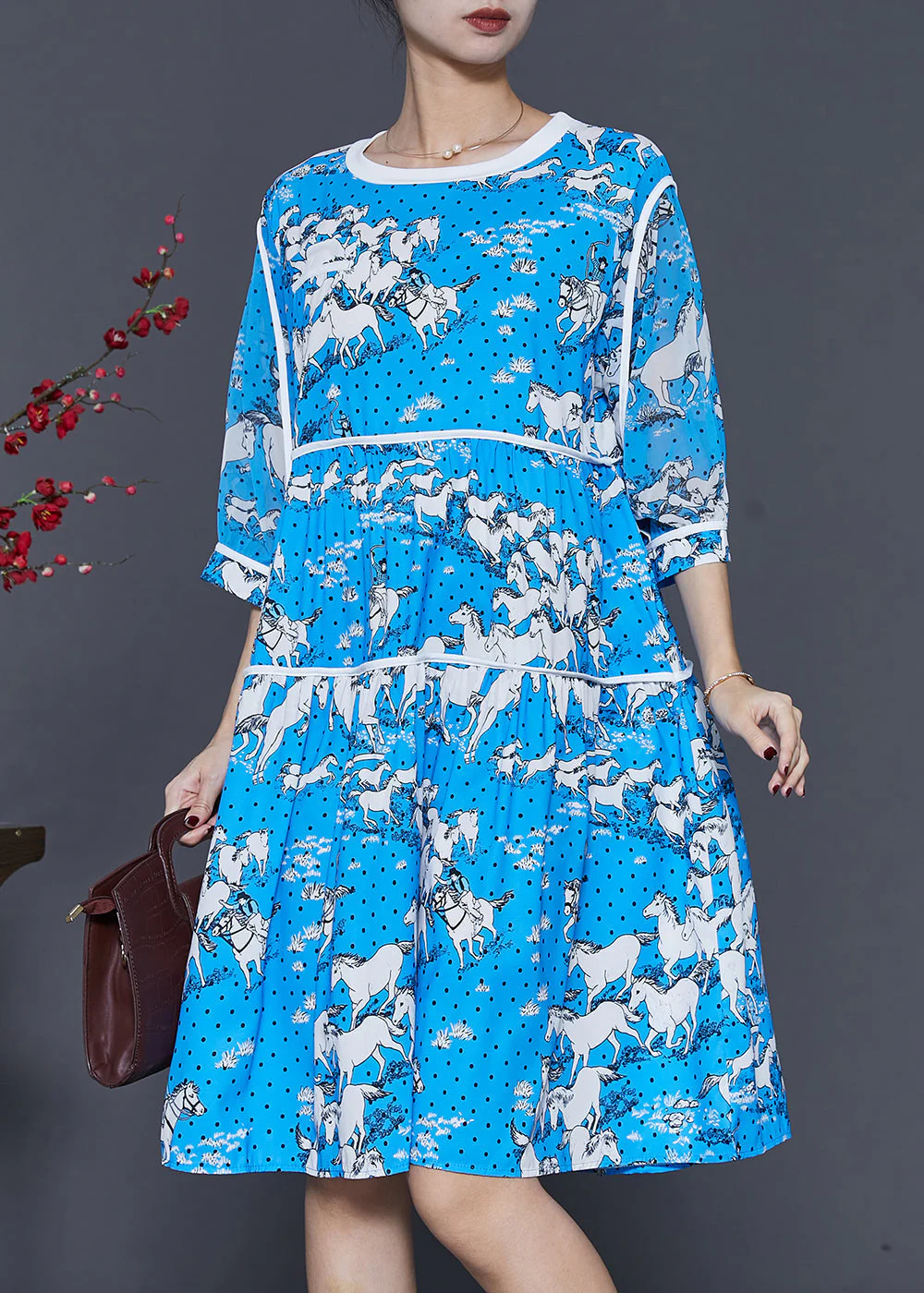 French Blue Oversized Print Chiffon Mid Dress Summer - Image 2