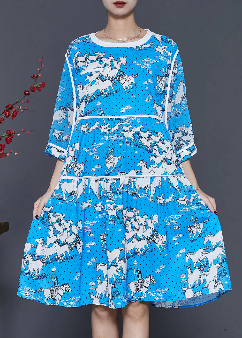 French Blue Oversized Print Chiffon Mid Dress Summer - Image 3