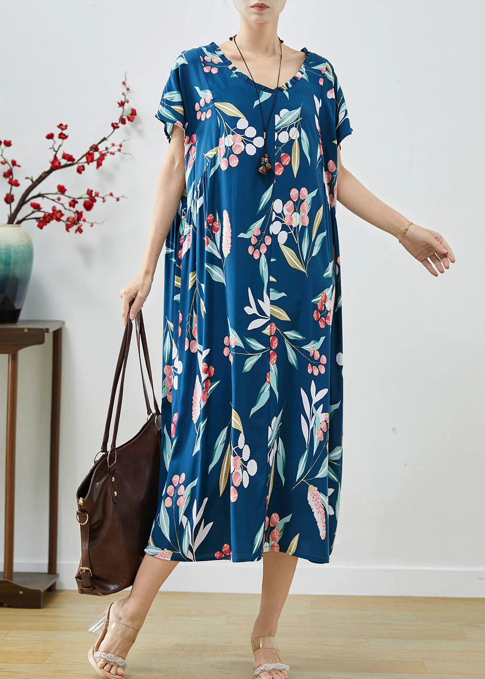 French Blue Oversized Print Cotton Maxi Dresses Summer - Image 2