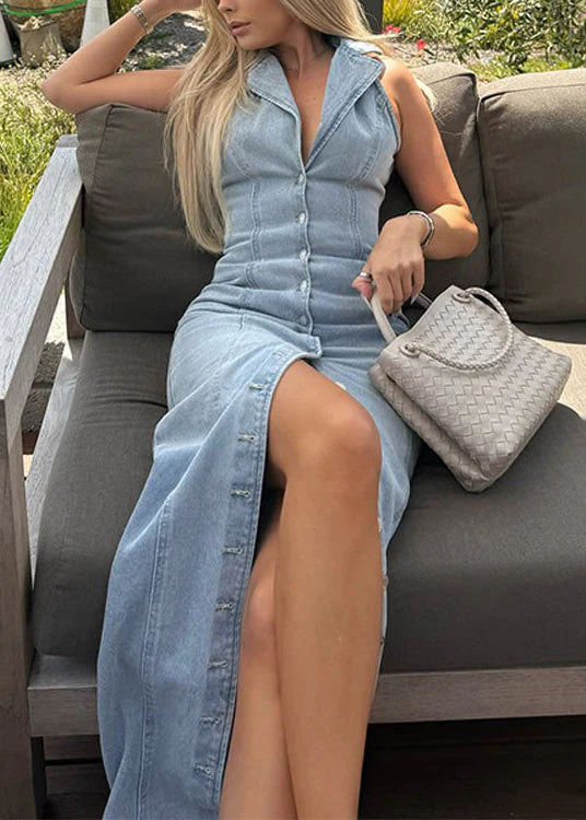 French Blue Peter Pan Collar Button Denim Long Dress Sleeveless - Image 2