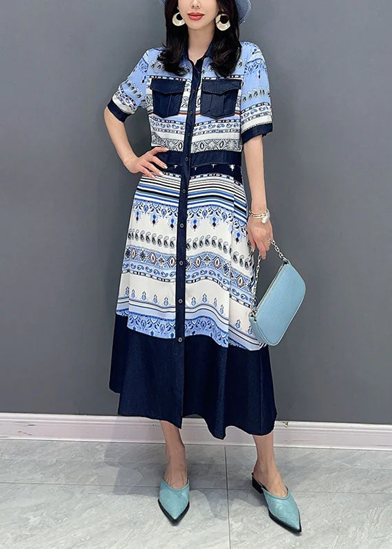 French Blue Peter Pan Collar Print Button Patchwork Cotton Shirts Dress Summer - Image 2
