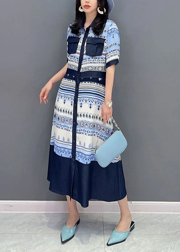 French Blue Peter Pan Collar Print Button Patchwork Cotton Shirts Dress Summer - Image 3