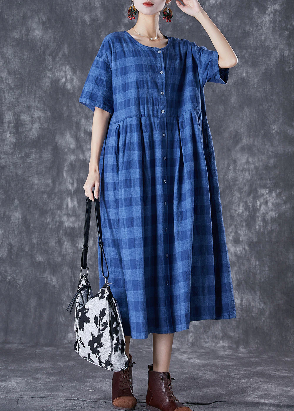 French Blue Plaid Button Down Linen Long Dresses Summer - Image 2