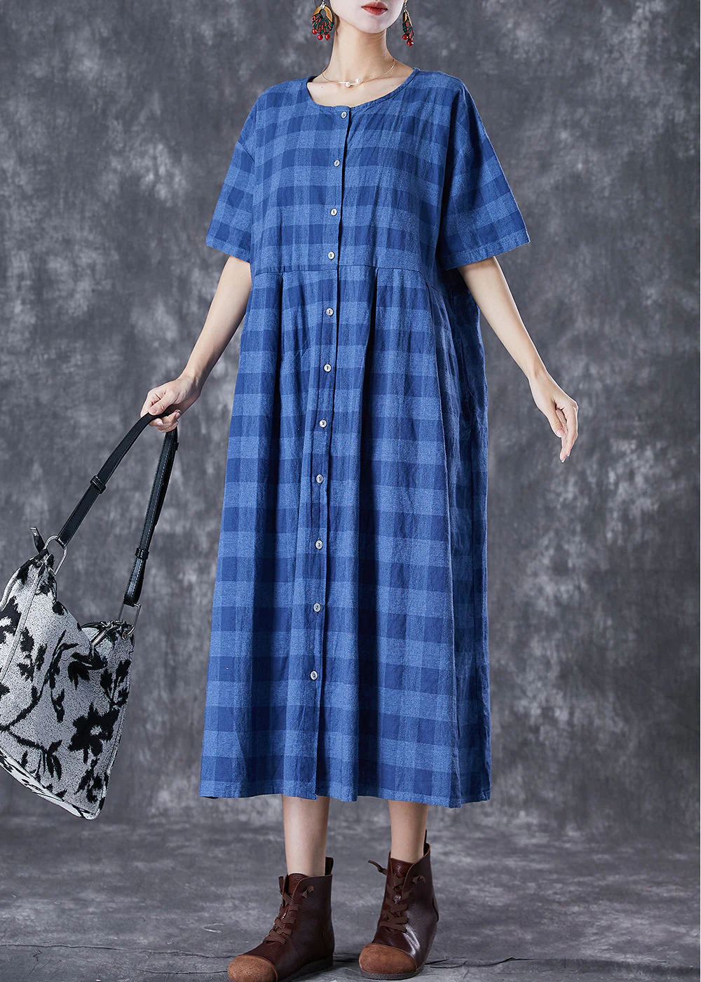 French Blue Plaid Button Down Linen Long Dresses Summer - Image 3