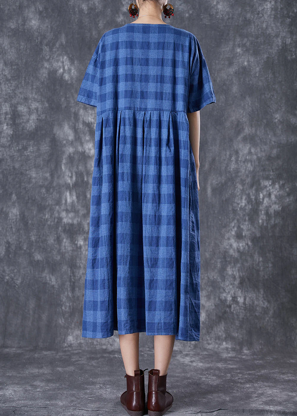 French Blue Plaid Button Down Linen Long Dresses Summer - Image 4