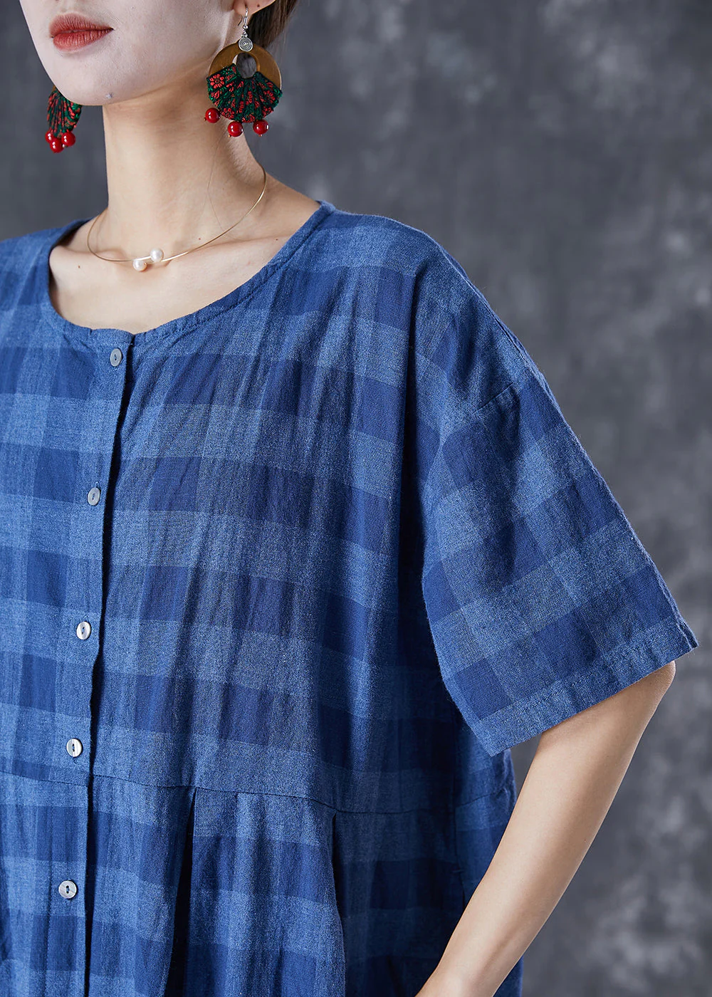 French Blue Plaid Button Down Linen Long Dresses Summer - Image 5