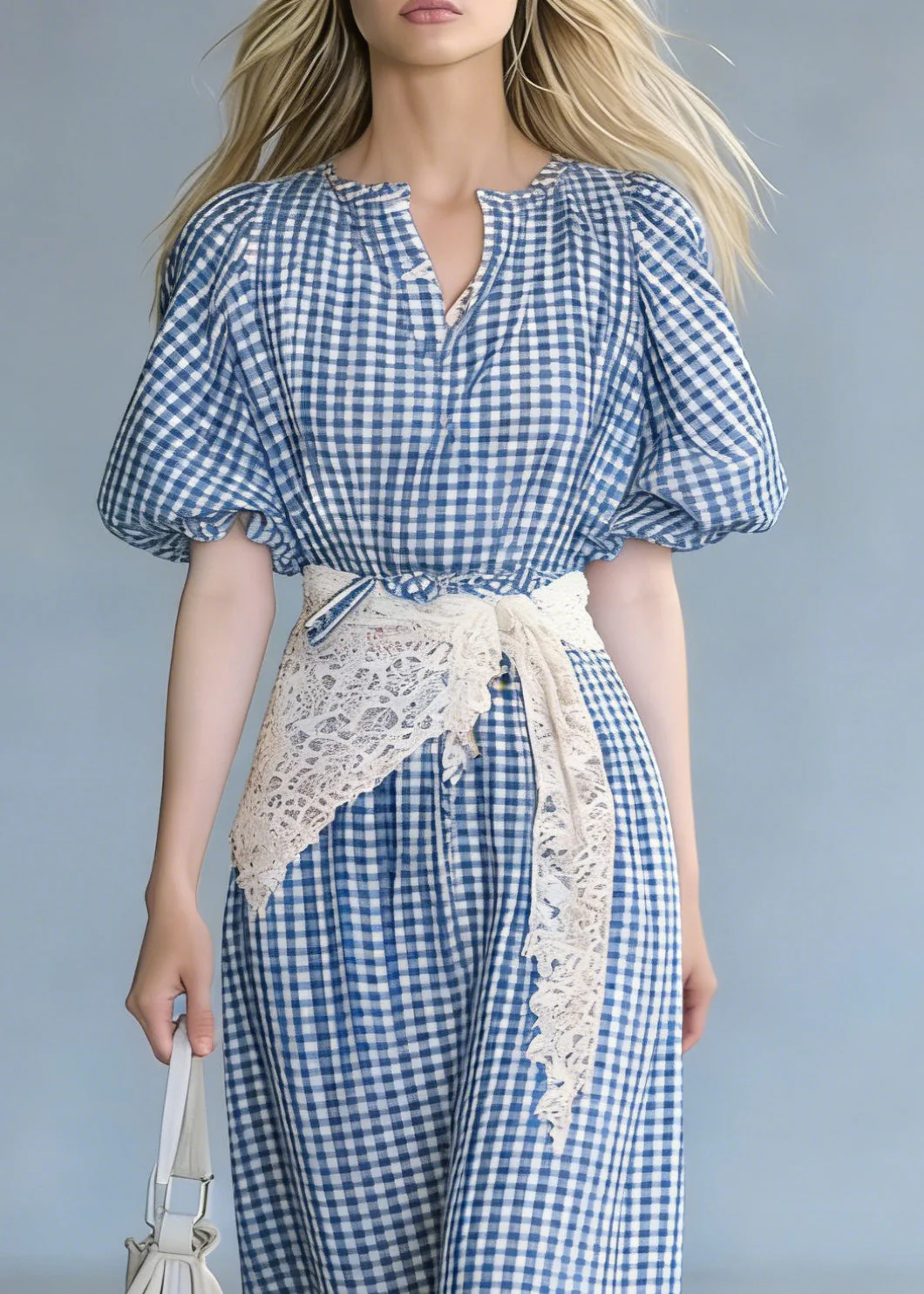French Blue Plaid Tie Waist Cotton Long Dresses Puff Sleeve - Image 2