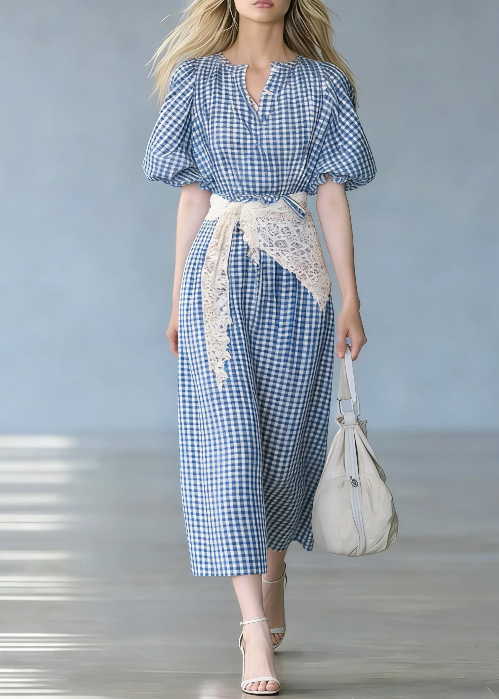 French Blue Plaid Tie Waist Cotton Long Dresses Puff Sleeve - Image 3